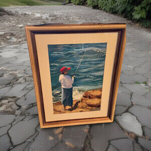 original art pastel drawing Woman Fishing In Maine.